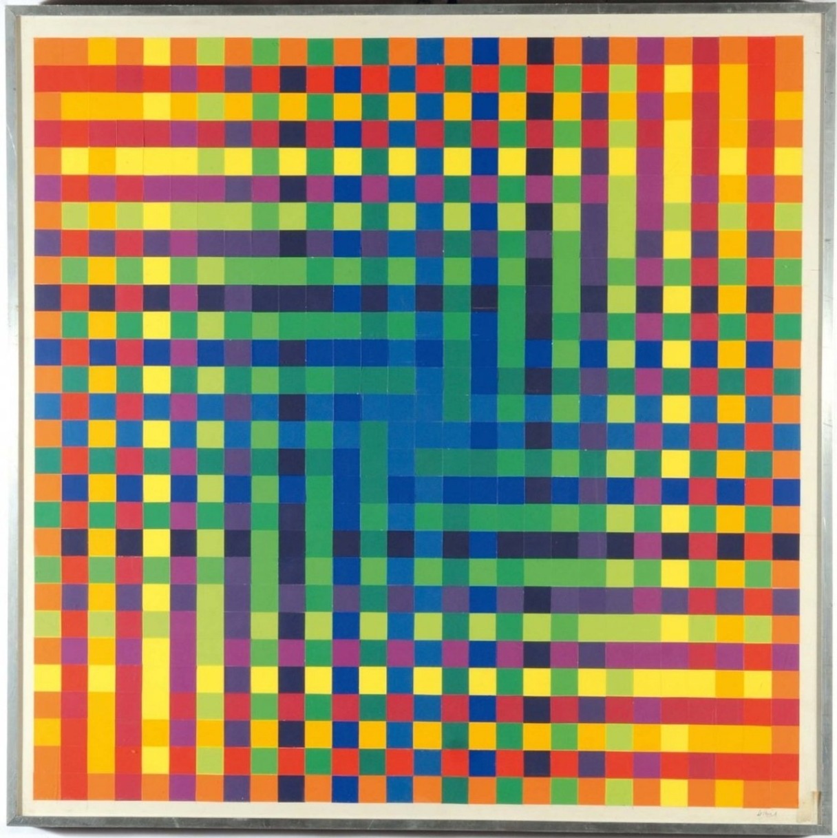 Abstract geometric art with colorful squares and striped patterns in a square composition
