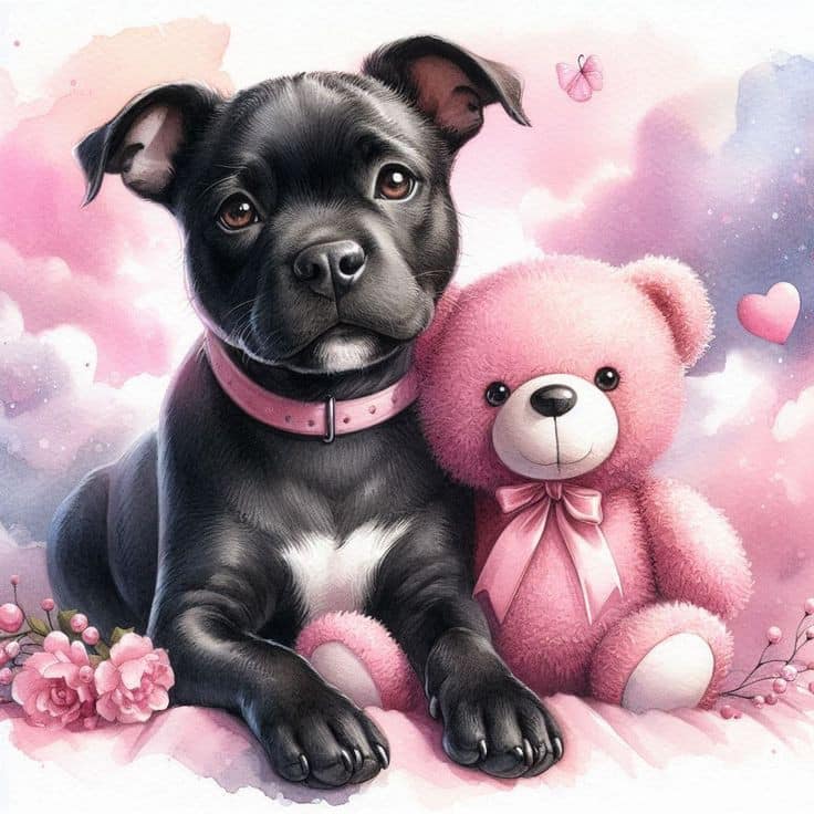 Black puppy wearing pink collar next to a pink teddy bear with pastel pink and purple background
