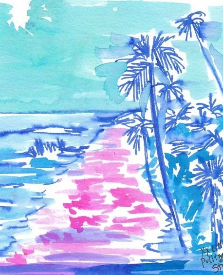 Artistic illustration of blue palm trees beside turquoise ocean with pink sand path under bright sky