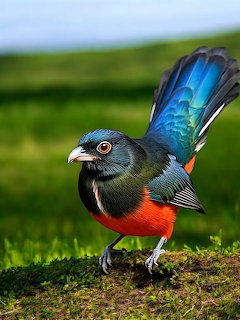 Colorful masked trogon bird with blue wings and orange belly on grass