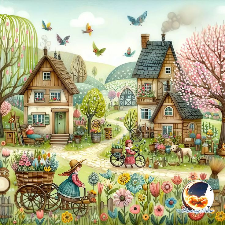 Whimsical illustration of cottages surrounded by spring flowers, birds, and garden elements in soft pastel colors