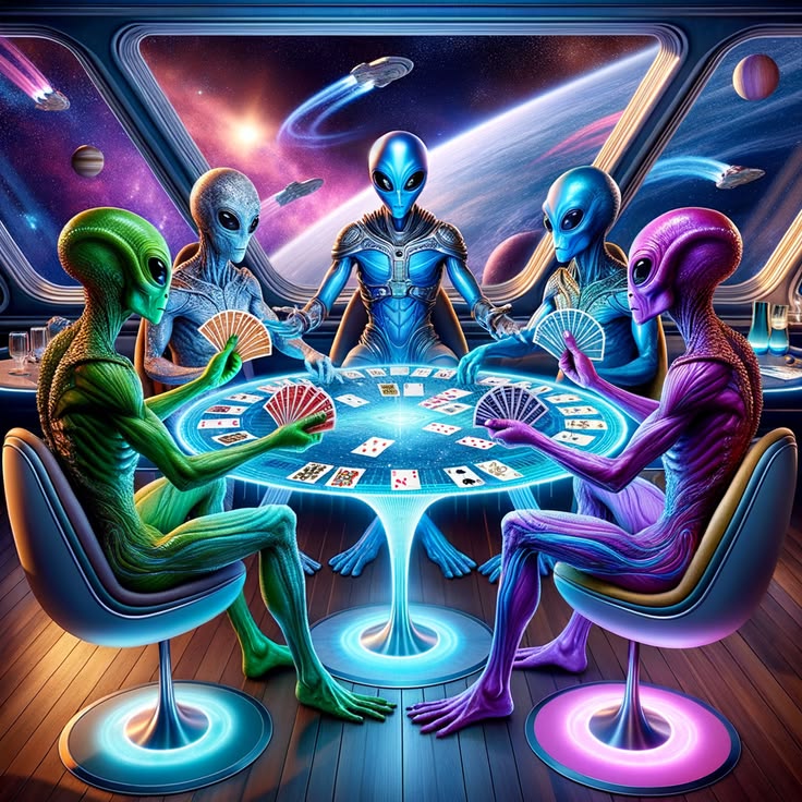 Five colorful aliens playing cards at a glowing table inside a spaceship with planets outside