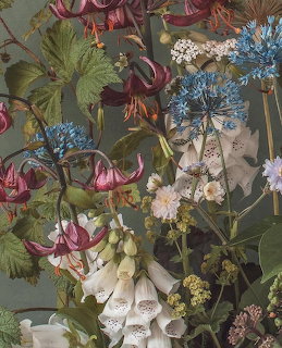 Detailed botanical painting with pink foxgloves, white lilies, blue and white flowers on dark background