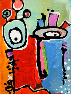 Abstract painting with colorful geometric shapes and stylized faces in red, blue, pink, and yellow with black outlines