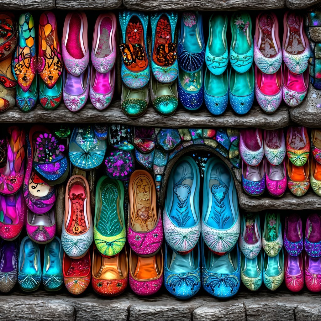 Rows of brightly painted decorative shoes with colorful patterns on wooden shelves