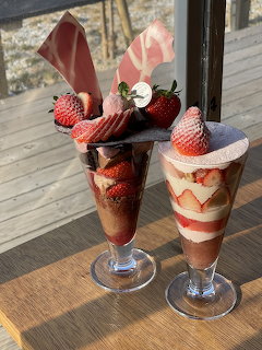 Two layered strawberry and chocolate parfait desserts in tall glasses with fresh strawberries and wafer garnish