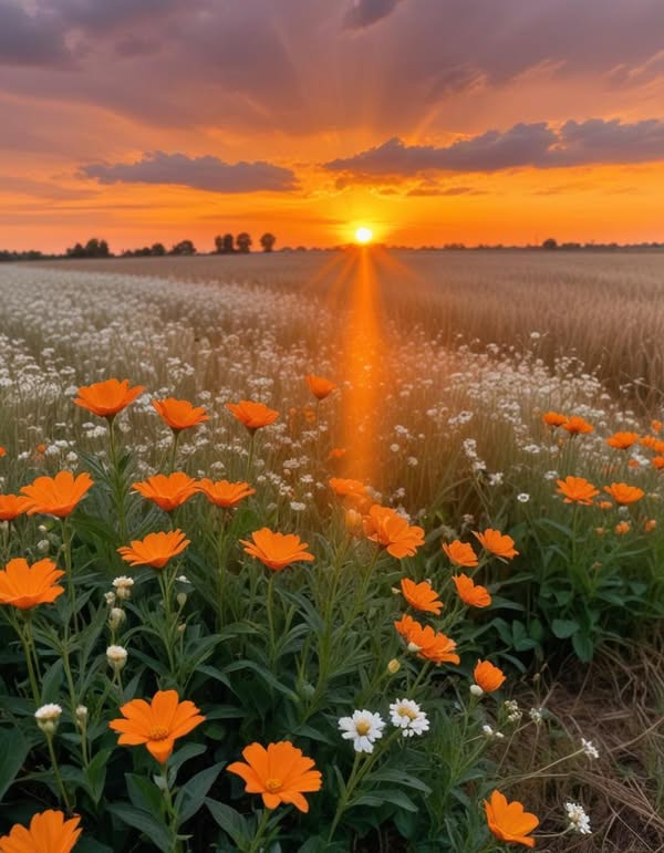 Sunrise Over Flower Field