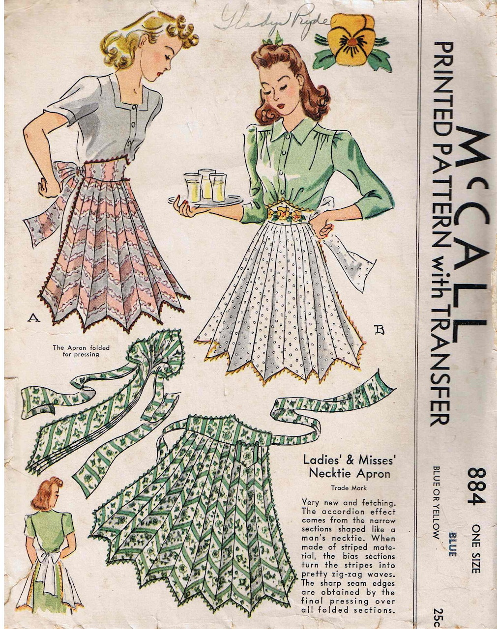 Vintage McCall sewing pattern showing two women wearing aprons made from neckties with pattern pieces below