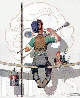 Norman Rockwell illustration of a sign painter on scaffolding painting a large billboard portrait