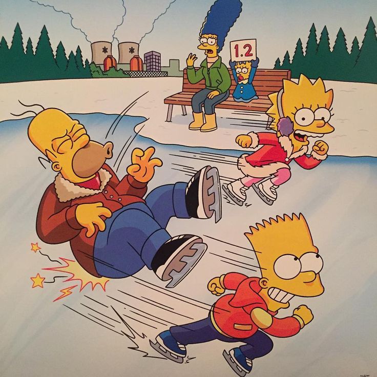 Cartoon scene of the Simpsons family ice skating, with Homer sitting on ice and others skating