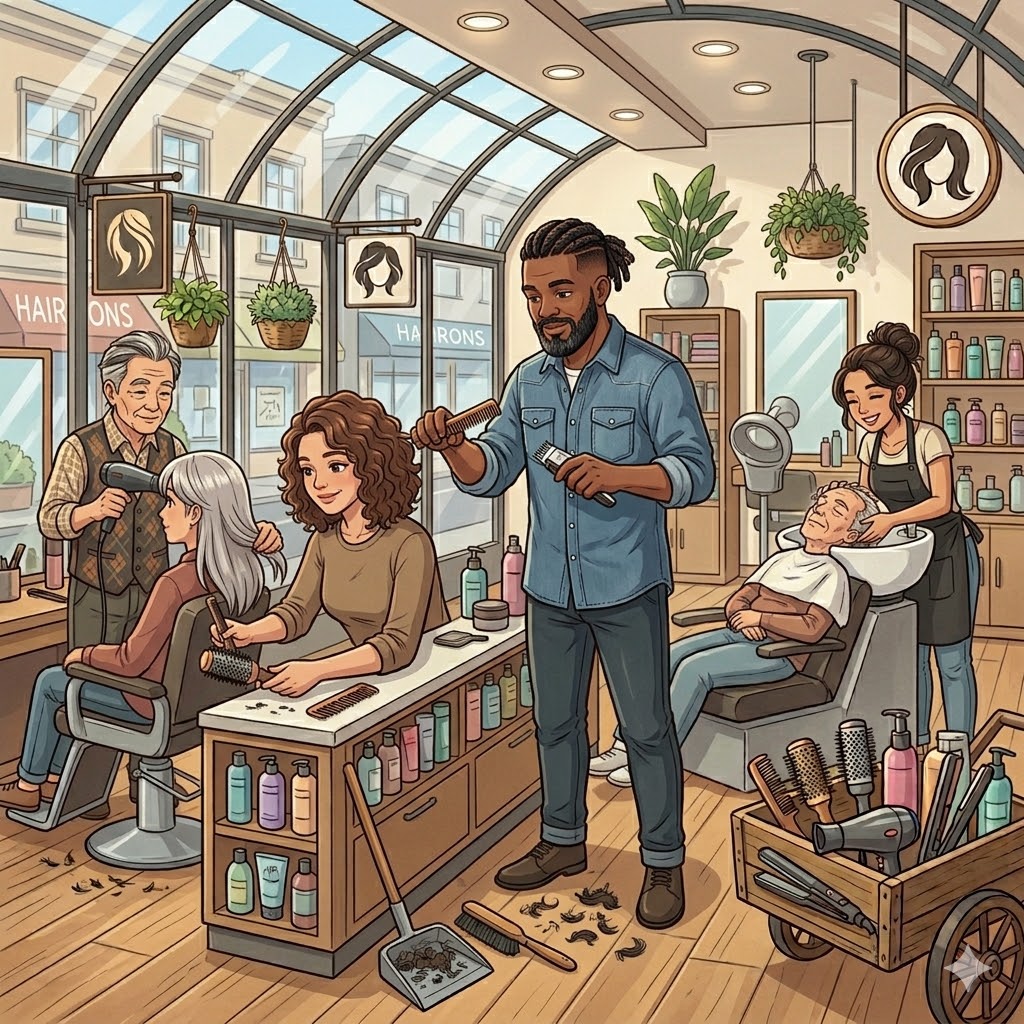Illustration of a busy hair salon with stylists working on clients in a bright indoor setting