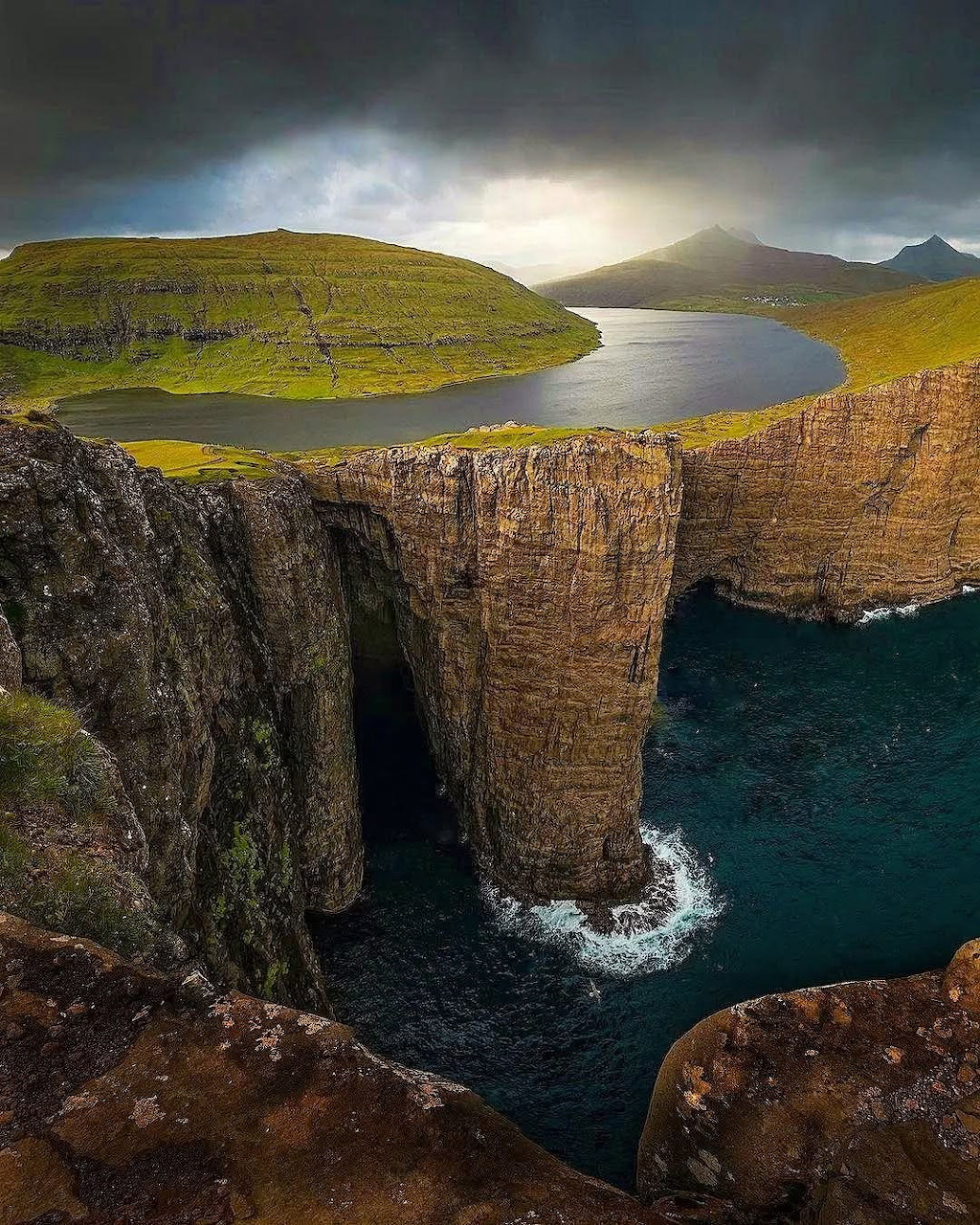 Faroe Islands cliffs with lake above ocean, green hills and dramatic sky