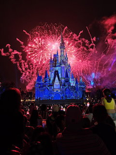 Pink and purple fireworks exploding above an illuminated castle at night with crowd silhouettes in foreground