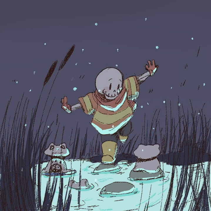 Cartoon skeleton character balancing on ice near reeds at night with two small figures nearby
