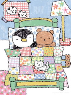 Penguin and teddy bear sleeping in bed under patchwork quilt with bedside lamp and white cat