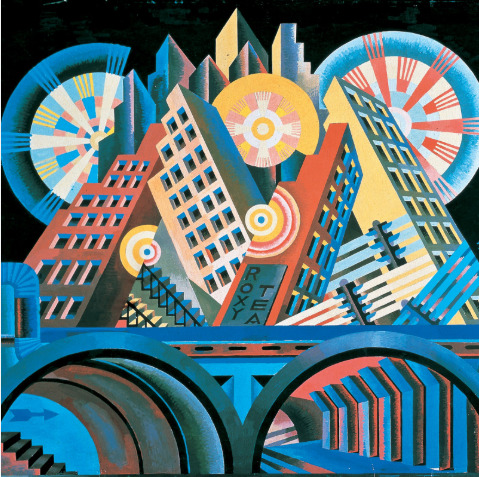 Colorful futurist painting of skyscrapers with sun motifs and an arched bridge