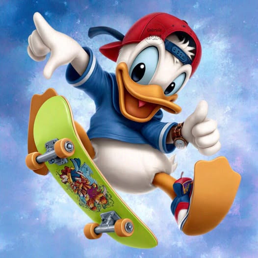 Donald Duck skateboarding with a red cap and colorful board on a blue background