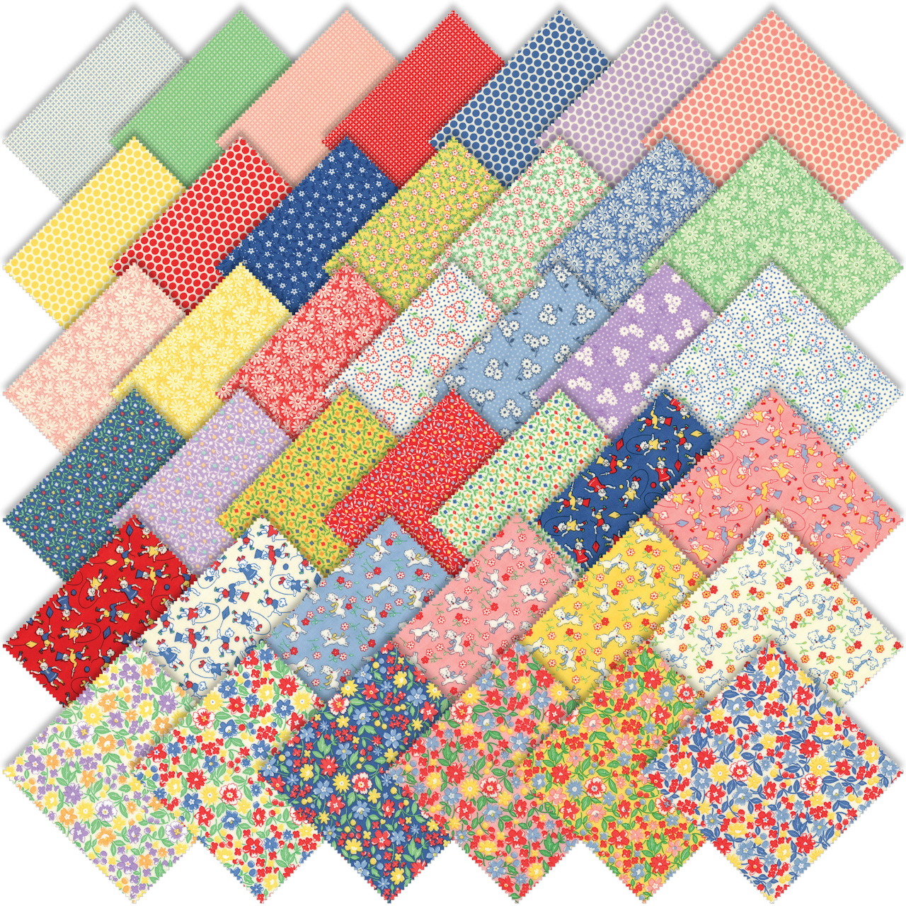 Overlapping colorful patterned fabric squares with floral, polka dot, and geometric designs