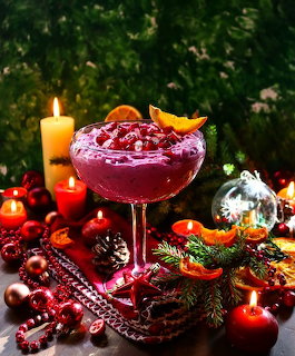 Cranberry spread in glass with orange garnish, holiday candles and ornaments