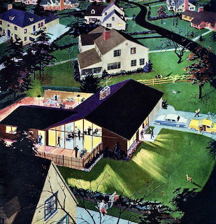 Vintage painting of a suburban house party at night seen from above
