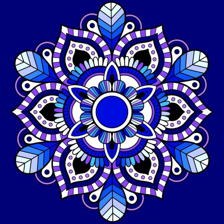 Ornate mandala with blue and purple floral pattern on dark blue background