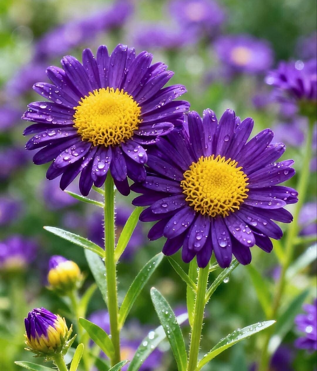 Two purple daisy-like flowers with yellow centers covered in raindrops