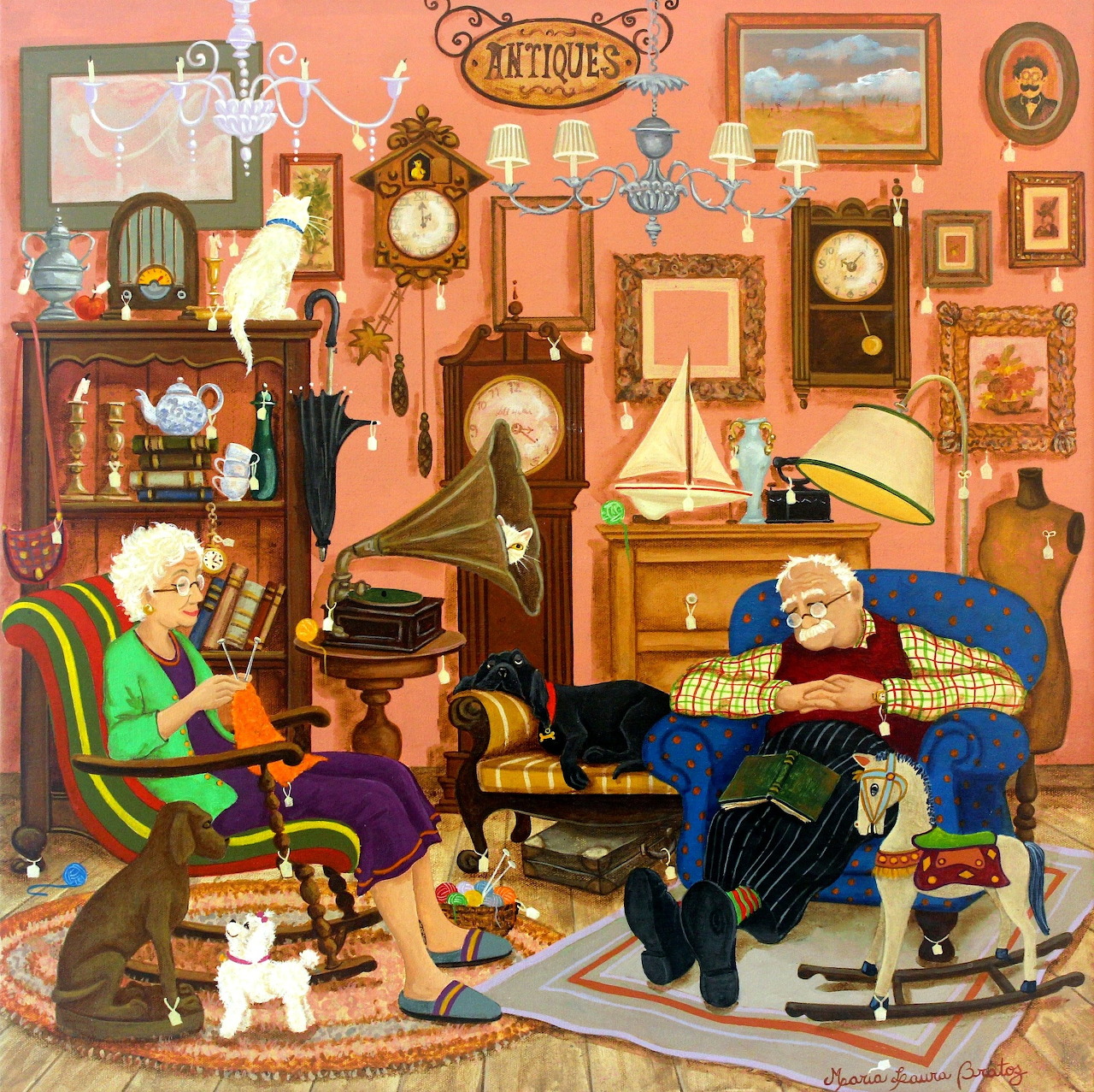 Elderly couple relaxing in cozy room filled with antique furniture, clocks, and decorative items on coral colored walls