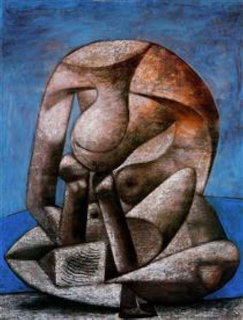Cubist painting of abstract seated figure reading, fragmented geometric forms in brown and blue tones