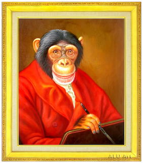 Framed painting of a chimpanzee wearing glasses and a red coat holding a pen