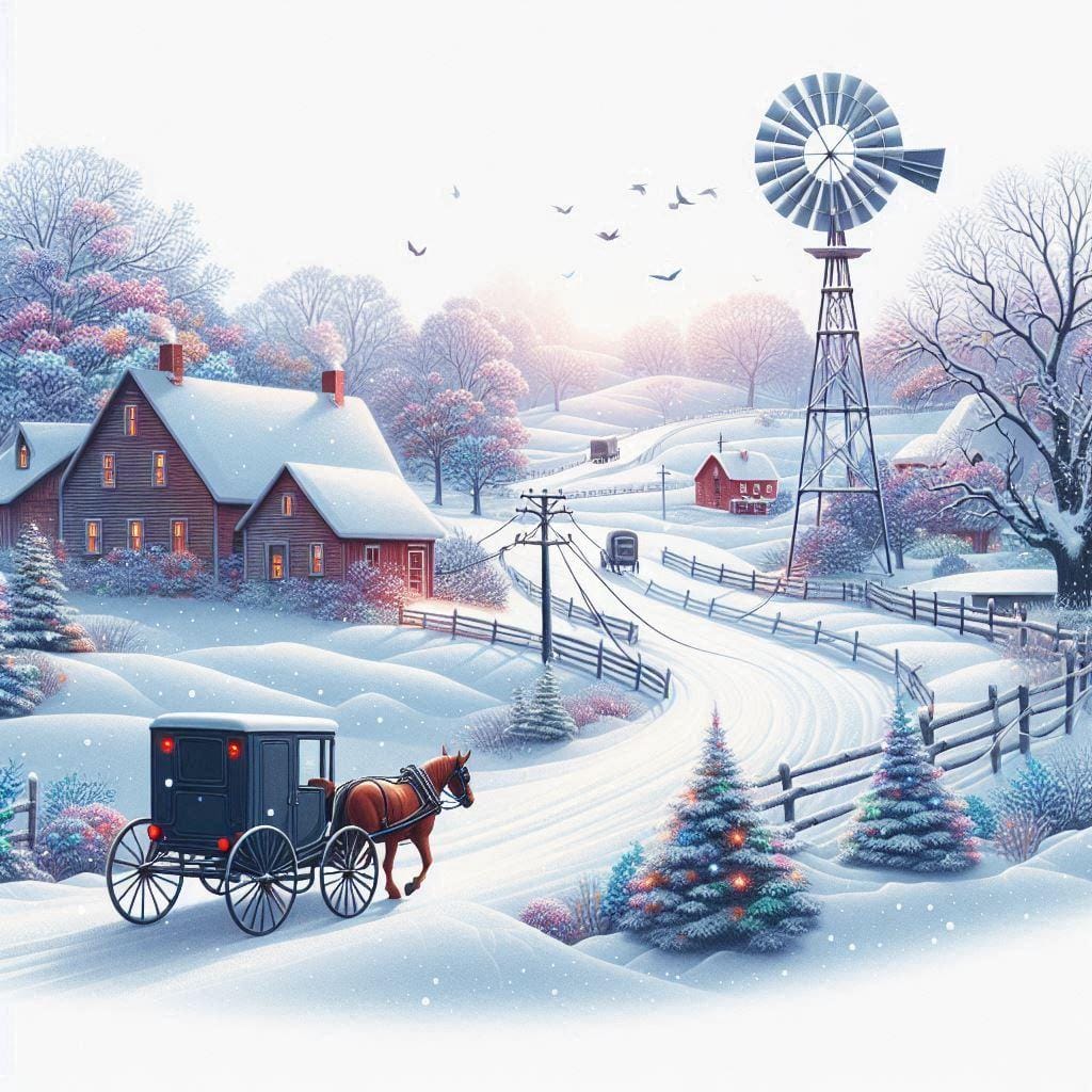 Winter farm landscape with snow-covered barn, windmill, horse-drawn buggy, and frosted trees