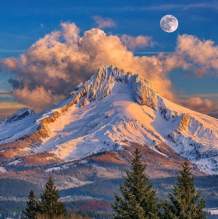 Full moon above snow-covered mountain peak with pink sunset clouds and evergreen trees in foreground