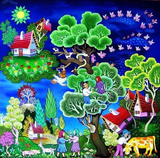 Naive folk art painting of a village scene with green trees, red-roofed houses, white birds, and colorful flowers
