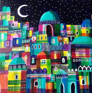 Colorful folk art village with domed buildings, arches, patterns under crescent moon and stars