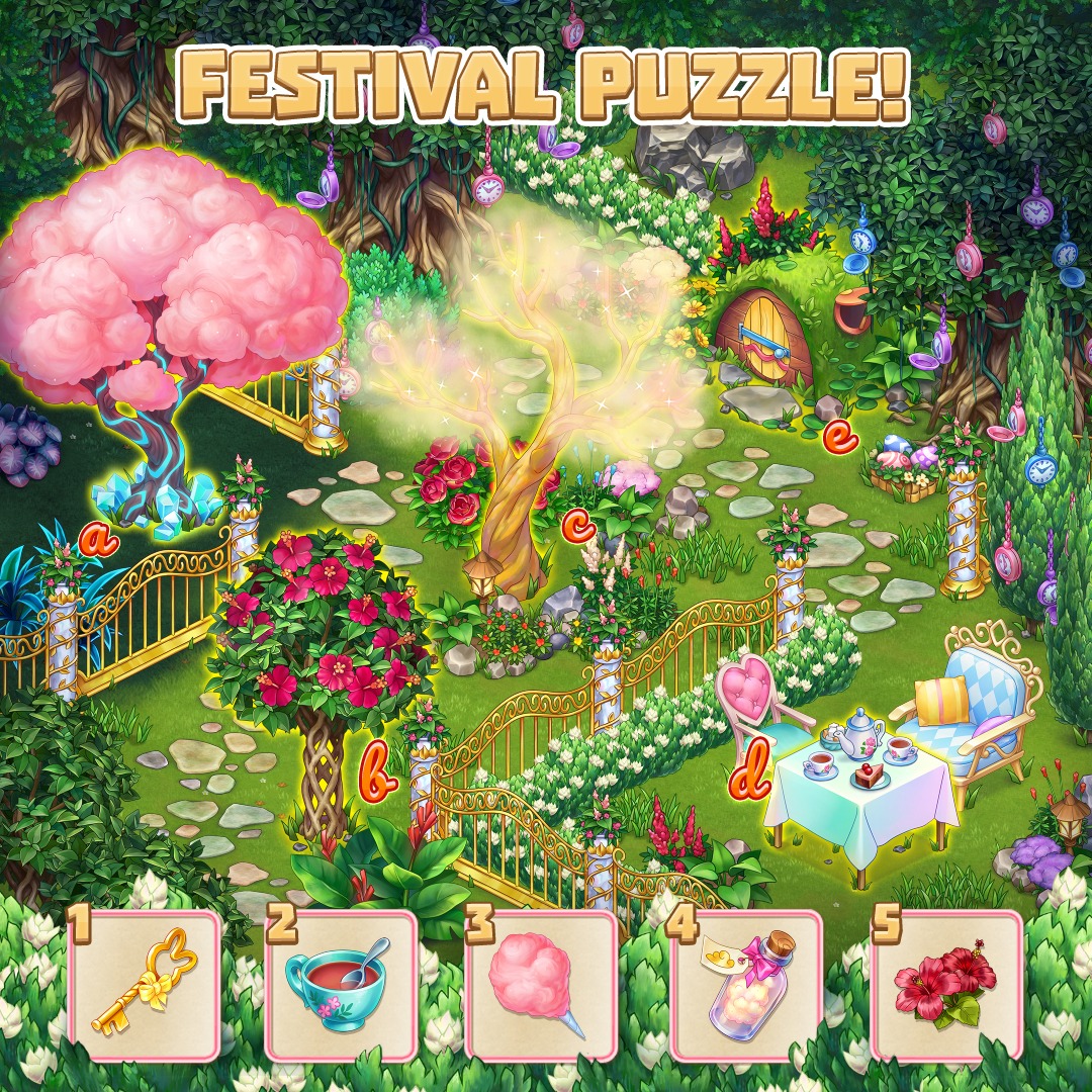 Colorful illustrated spring garden with a blooming tree, flowers, benches, a tea table, and Easter eggs