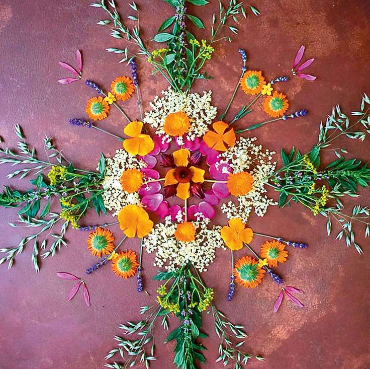 Symmetrical mandala of colorful flowers and green foliage on pink textured background