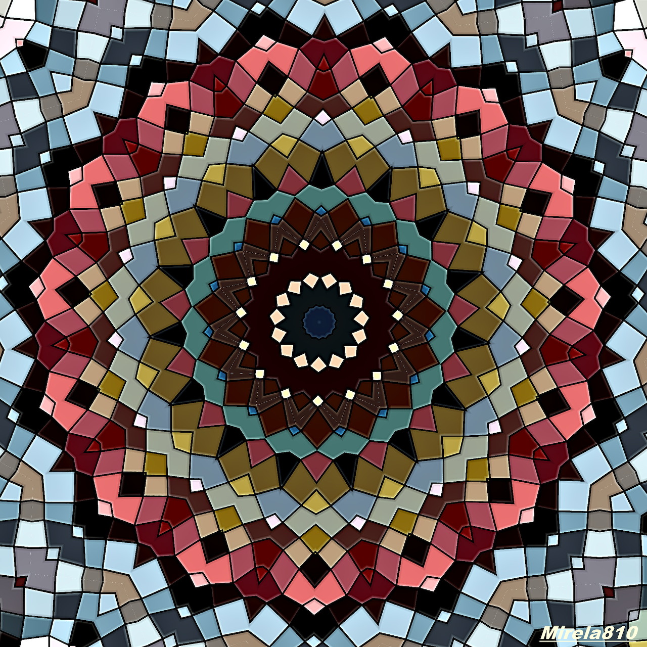 Geometric mandala with colorful mosaic tiles in radial symmetry pattern