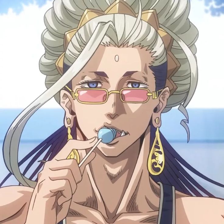 Anime character with silver hair, pink sunglasses, and gold earrings holding blue lollipop at beach