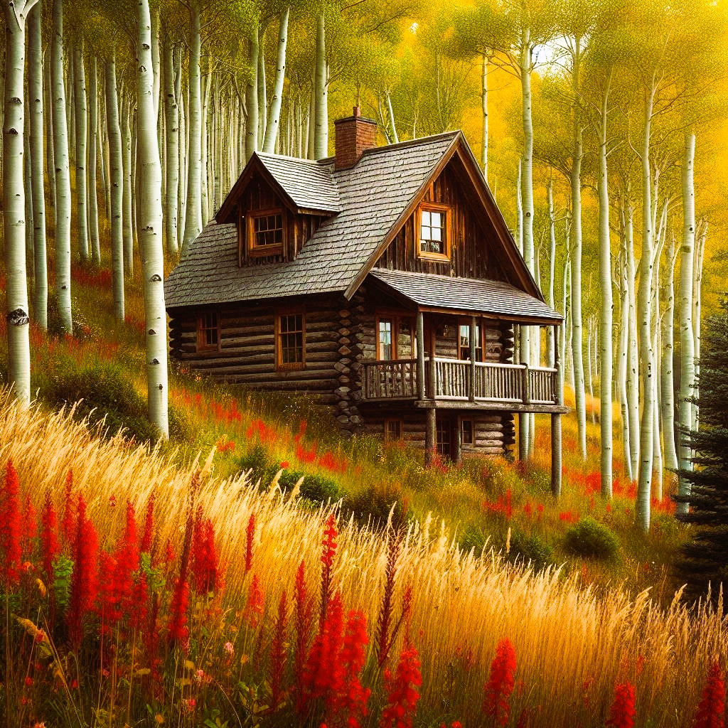 Log cabin surrounded by golden aspen trees and colorful wildflowers in autumn mountain setting