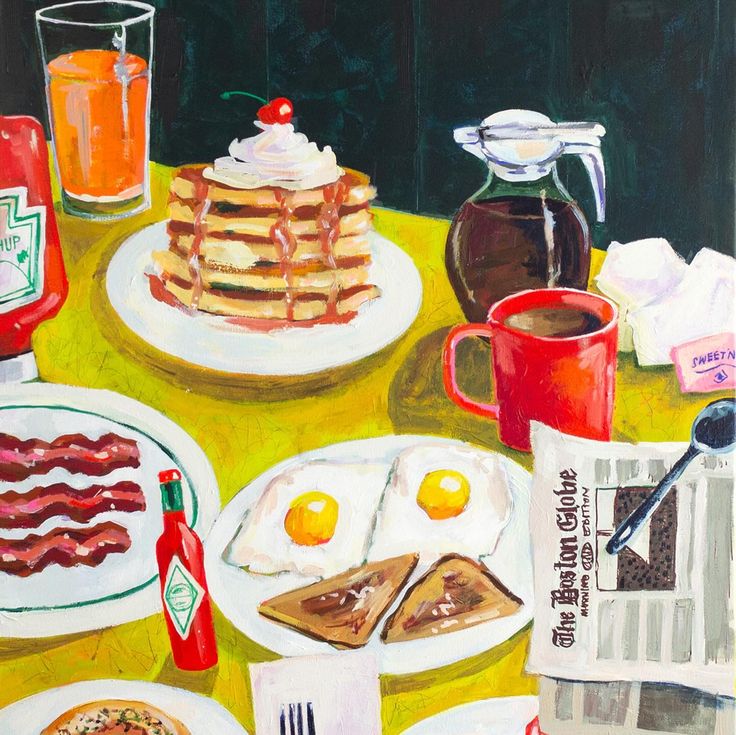 Colorful illustration of breakfast foods including pancakes, bacon, eggs, toast, coffee and juice on yellow table