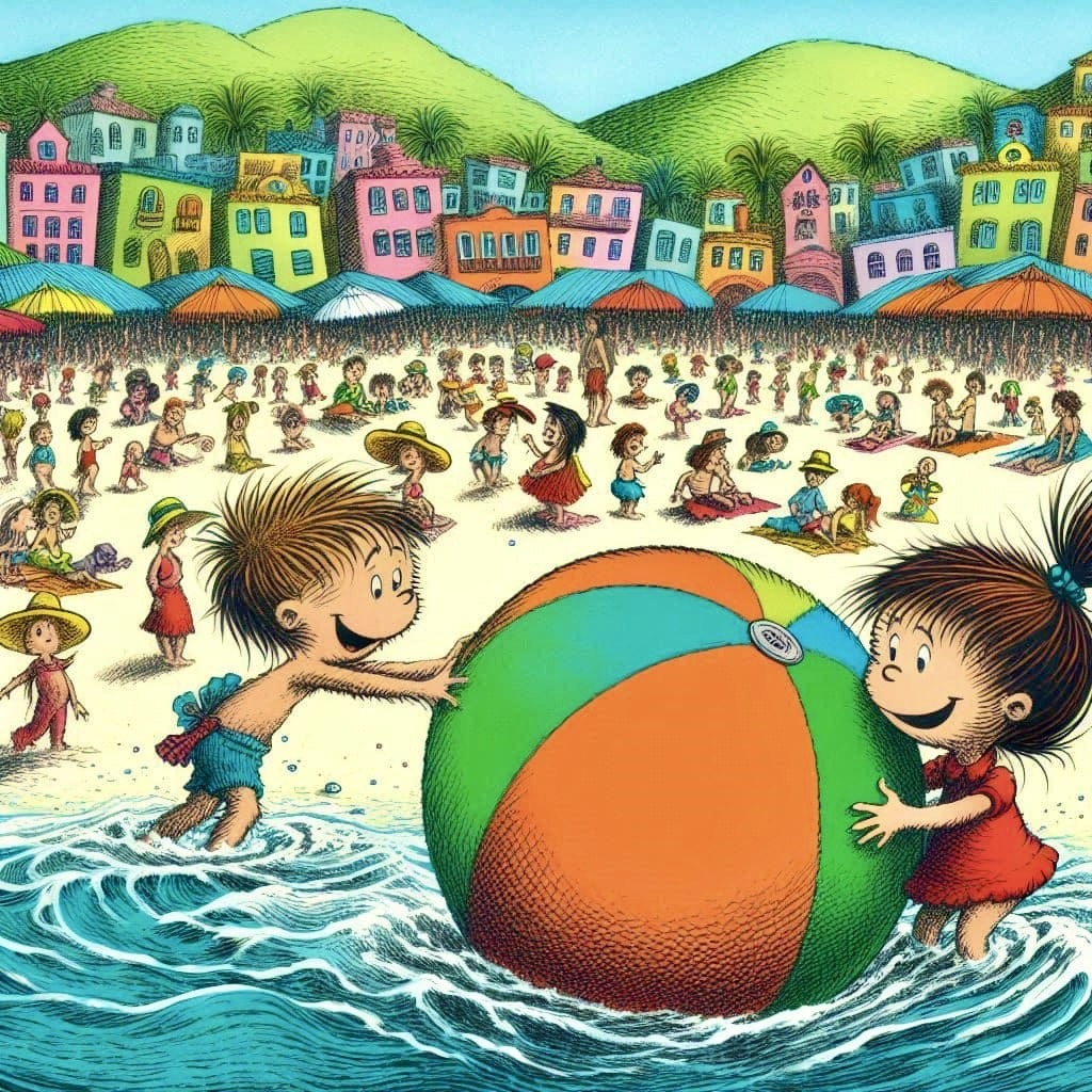 Two cartoon children playing with giant striped beach ball in ocean waves with crowded beach behind them