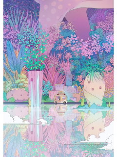 Surreal pastel illustration with fantasy plants, creatures, and architecture reflected in water