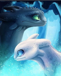 Digital painting of a black Night Fury dragon and white Light Fury dragon with glowing eyes