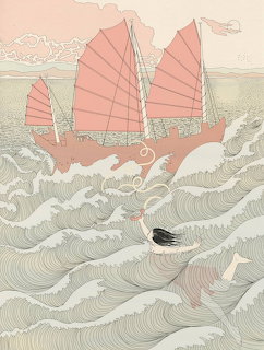 Illustration of a woman swimming in decorative waves with a pink-sailed junk ship in the background
