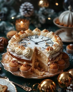 Festive clock face cake with cream frosting, a missing slice, and Christmas ornaments on the table