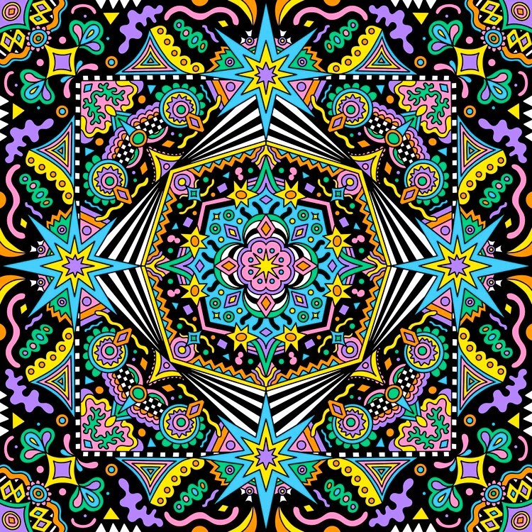 Colorful symmetrical mandala with intricate geometric patterns and ornamental designs on black background