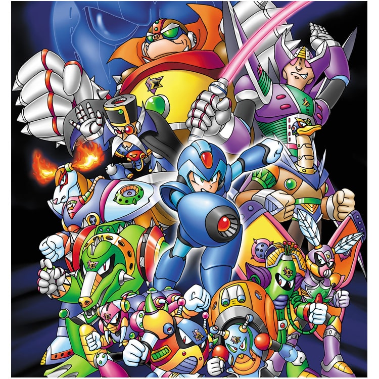 Colorful group illustration of Mega Man X2 robot characters including X, Zero, and Sigma