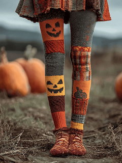 Legs wearing colorful patchwork knit socks with jack-o-lantern designs standing in pumpkin patch