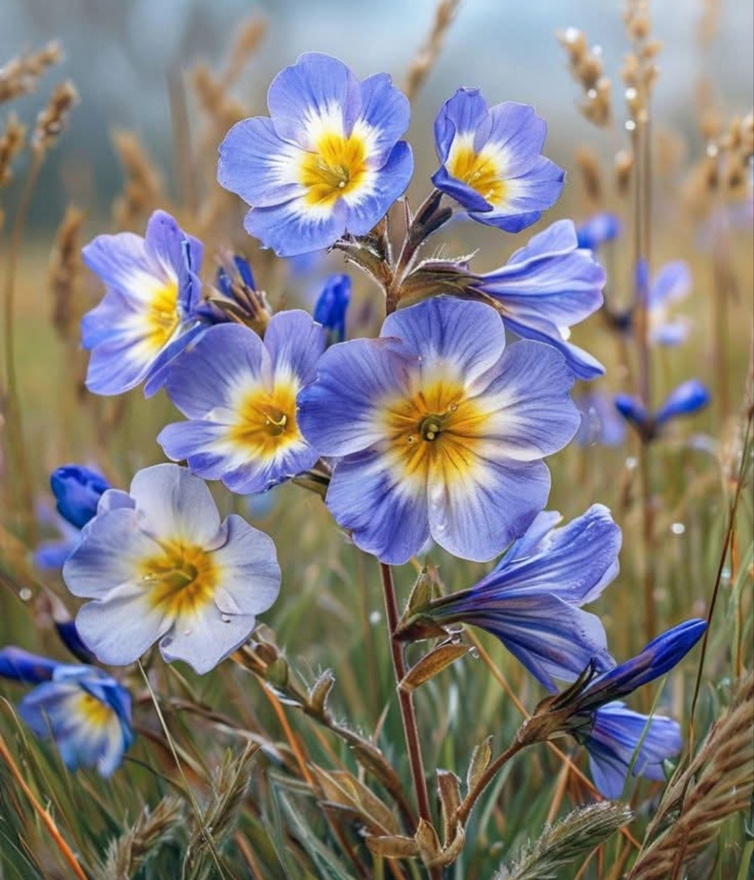 Blue flowers with yellow centers painted among tall grasses