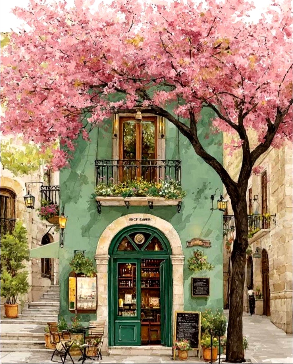 Turquoise café building with ornate balcony beneath pink flowering tree on cobblestone street