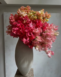 Colorful bougainvillea flowers in shades of pink, red, and yellow in a white ceramic vase